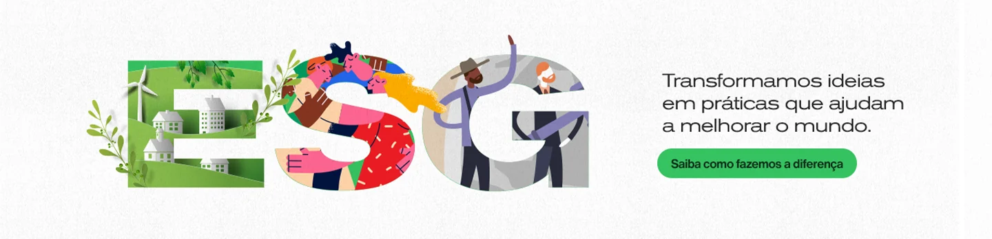 Peça de ESG do Grupo OM: as letras E, S e G ilustradas, com a frase transformamos ideias em práticas que ajudam a melhorar o mundo